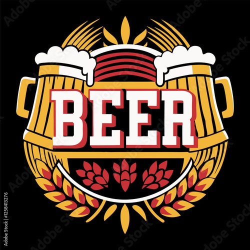 Brewery logo design featuring two frothy beer mugs alongside hops and wheat, crafting a vintage and inviting emblem that appeals to both beer enthusiasts and passionate brewers