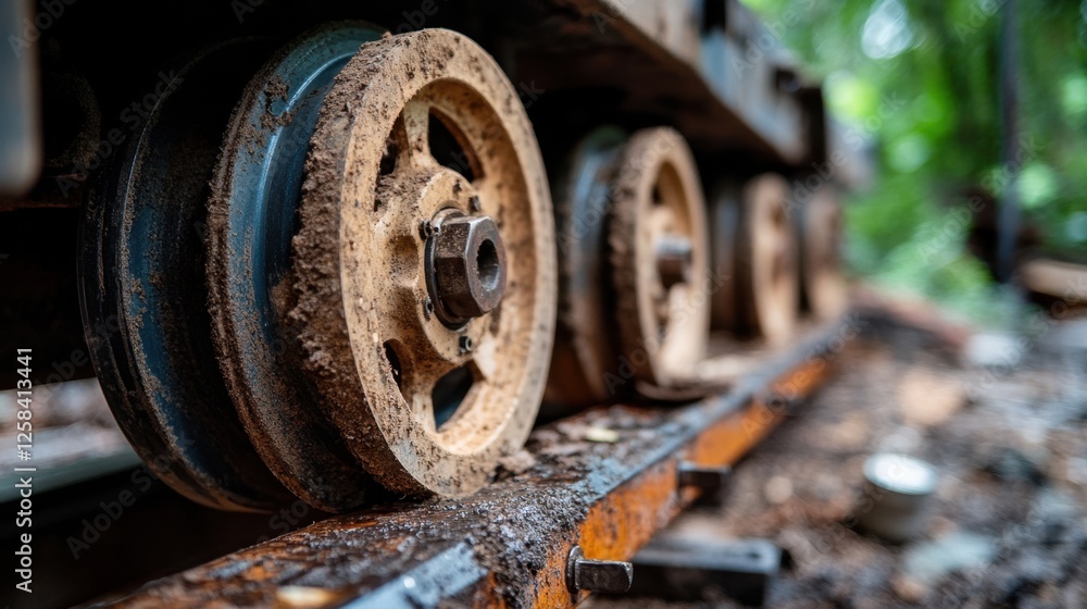 Close-up of rusty railway wheels on abandoned track in forest. Summer Tire Changeover Month Close-up of rusty railway wheels on abandoned track in forest. Summer Tire Changeover Month