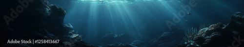 Underwater blue ocean with sunlight and undersea banner scene