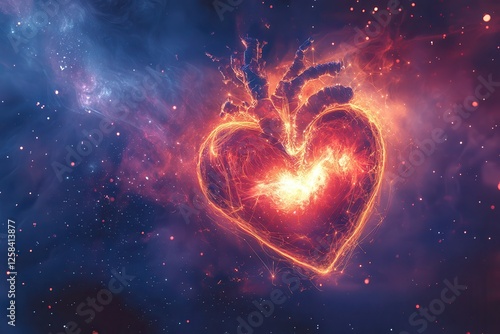 Fiery Heart in Cosmic Nebula: Glowing Red Orange Heart Shape in Vibrant Blue Purple Space