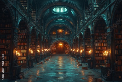 Grand library, candlelight, bookshelves, gothic architecture, fantasy setting, book research
