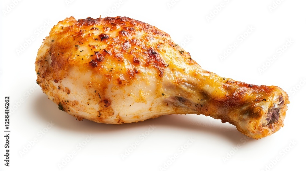 Succulent Fried Chicken Leg with Crispy Batter Coating on White Background, Golden Hues, Fresh and Hot - Close-up Food Photography Succulent Fried Chicken Leg with Crispy Batter Coating on White Background, Golden Hues, Fresh and Hot - Close-up Food Photography