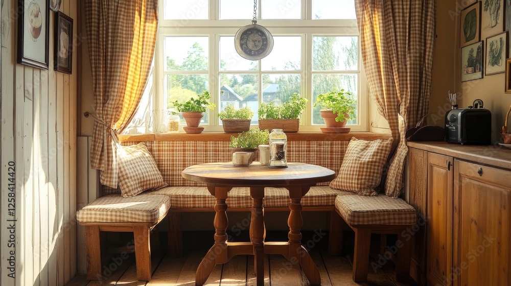 Obraz premium Cozy traditional kitchen nook with a wooden breakfast table, upholstered benches, and gingham curtains