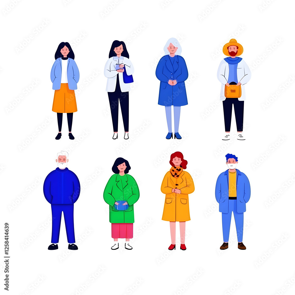 A set of flat people characters standing in various poses, isolated on white background A set of flat people characters standing in various poses, isolated on white background
