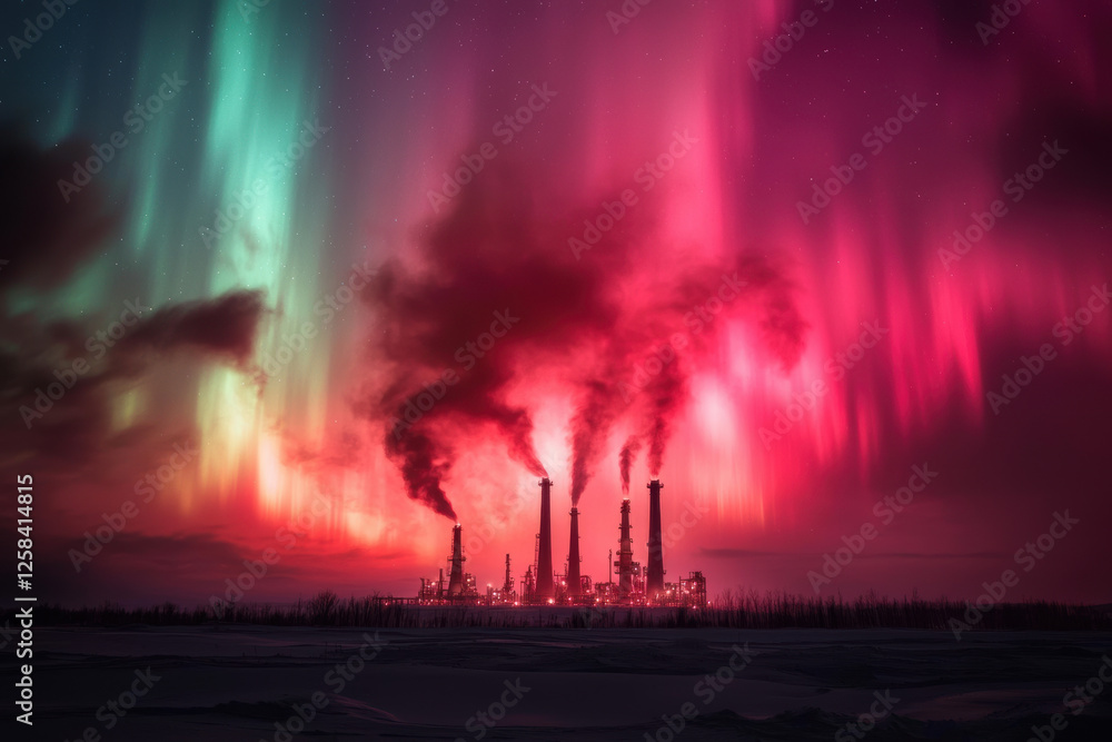 Obraz premium stunning oil refinery silhouette against vibrant auroras, showcasing industrial beauty and environmental contrast