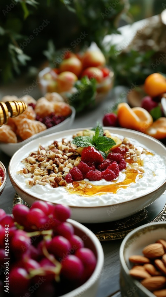Delicious yogurt with honey, nuts, and fresh berries on rustic wooden table Delicious yogurt with honey, nuts, and fresh berries on rustic wooden table