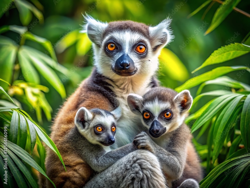 Obraz premium Adorable Ring-Tailed Lemur Family: Mother and Babies Clinging in Tree