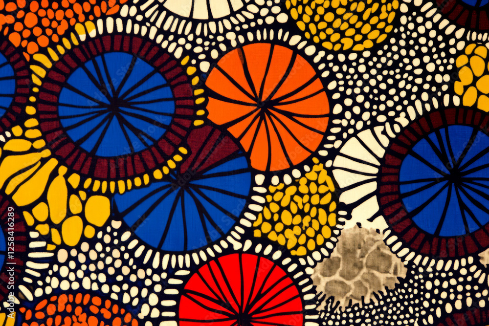 Seamless vibrant African wax print fabric, bold, geometric tribal patterns.