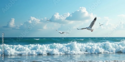 Seagulls flying over ocean waves, seagulls, bird species, bird