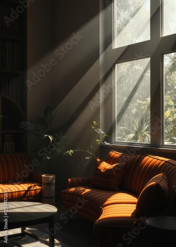 Sunlit living room with orange striped sofa and plant bamboo house background beautiful bamboo asian seaport baltic sea antebellum