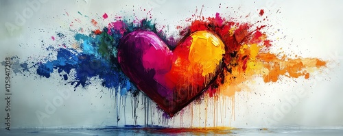 Heartshaped object with colorful paint splatters and vibrant graffiti art in various shades, creating a visually striking design, bold and dynamic composition photo