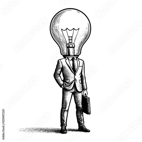 Businessman head lamp sketch engraving black and white outline. Scratch board imitation.
