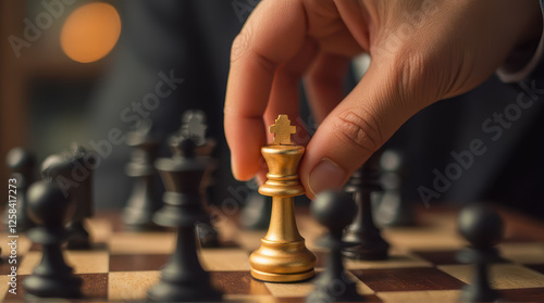 Hand Moving Golden Chess King Piece on Dark Chessboard Surrounded by Black Chess Pieces in Soft Focus with Warm Lighting Background photo