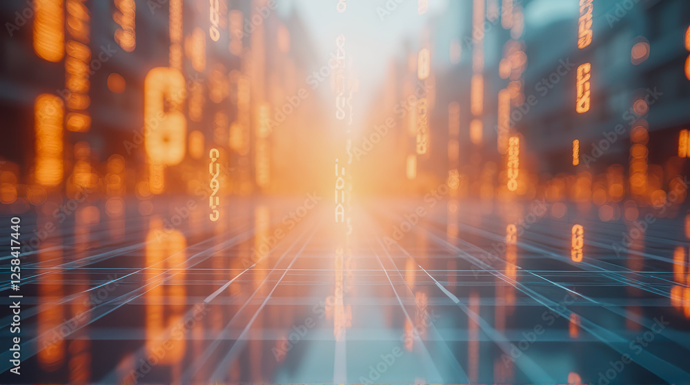 Obraz premium Futuristic Data Environment with Glowing Orange Binary Numbers and 3D Grid, Abstract Technology Concept for Digital Transformation and Innovation
