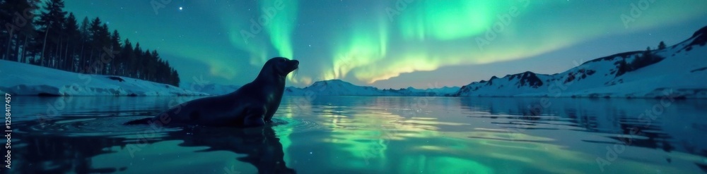 Seal in water silhouette against Northern Lights, Northern Lights, underwater, northern lands Seal in water silhouette against Northern Lights, Northern Lights, underwater, northern lands