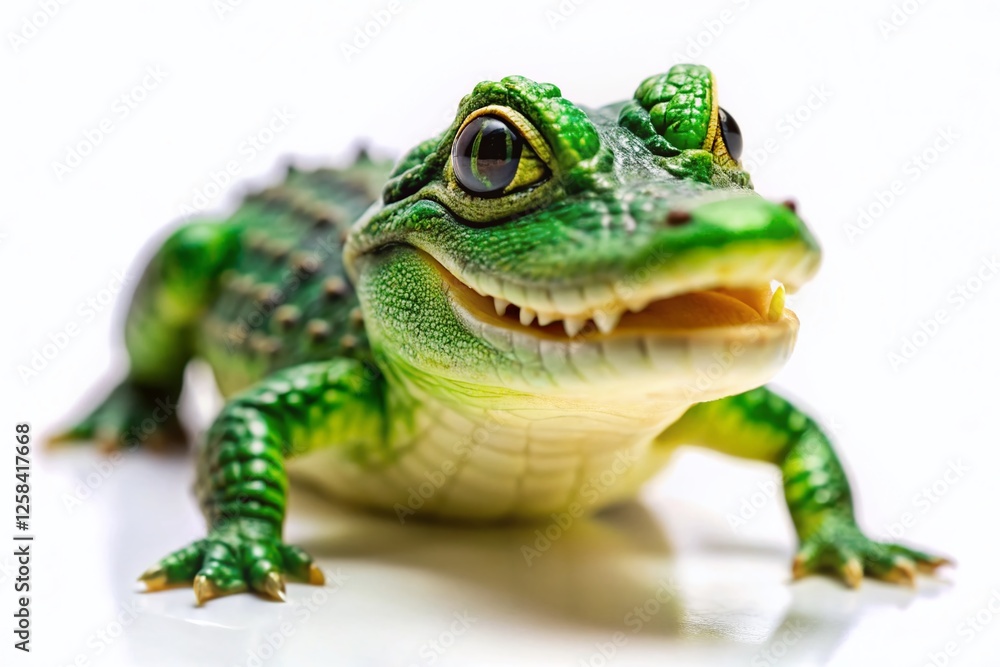Fototapeta premium Adorable Smiling Green Alligator, Cute Crocodile, Vibrant White Background Stock Photo