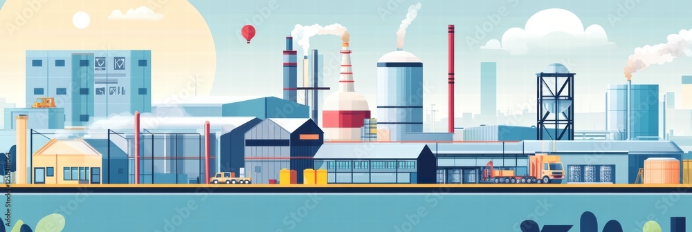 Fototapeta premium Graphic layout showcasing industrial site with factories and transportation facilities