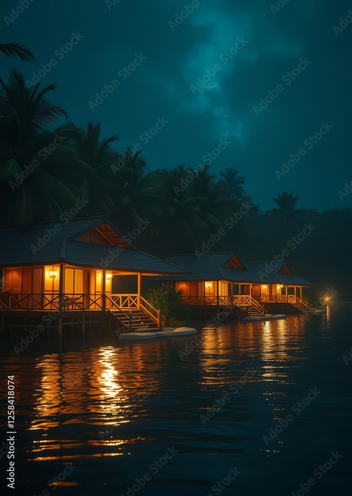 Holiday cottages on the banks of a river in the tropics ai generative bamboo house background beautiful bamboo asian seaport baltic sea antebellum