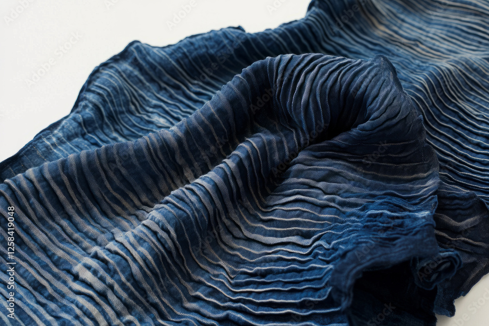 Soft, crinkled Japanese shibori-dyed textile, deep indigo with organic, tie-dye wave patterns.