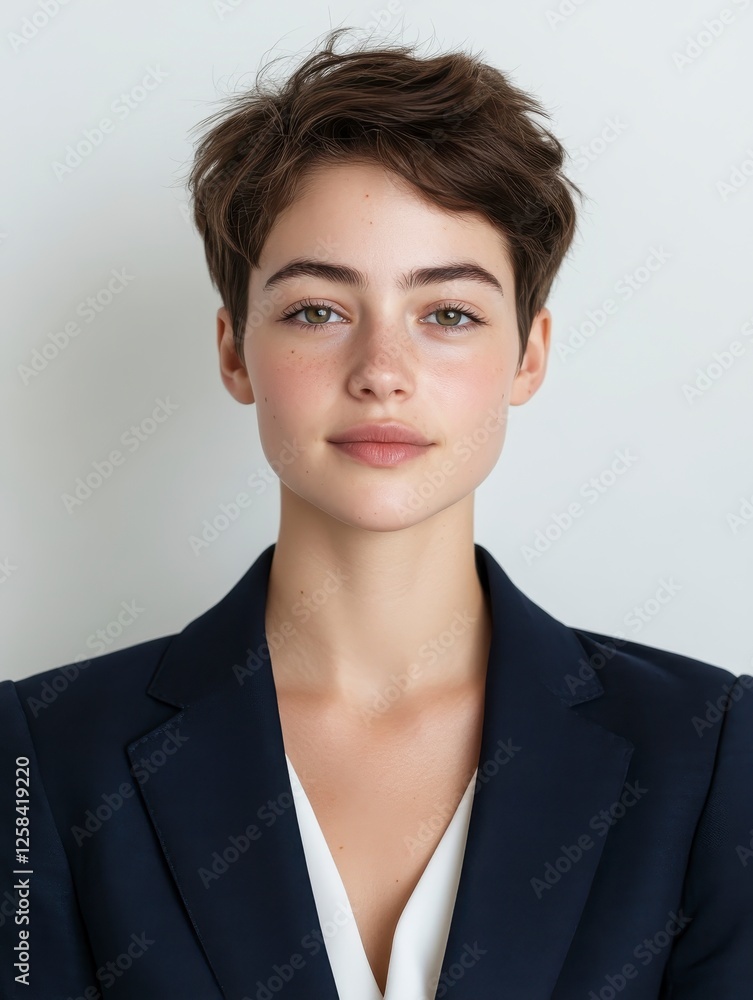 Confident Young Professional Woman in Navy Blazer and White Blouse Exuding Strength and Determination on Bright White Background Confident Young Professional Woman in Navy Blazer and White Blouse Exuding Strength and Determination on Bright White Background