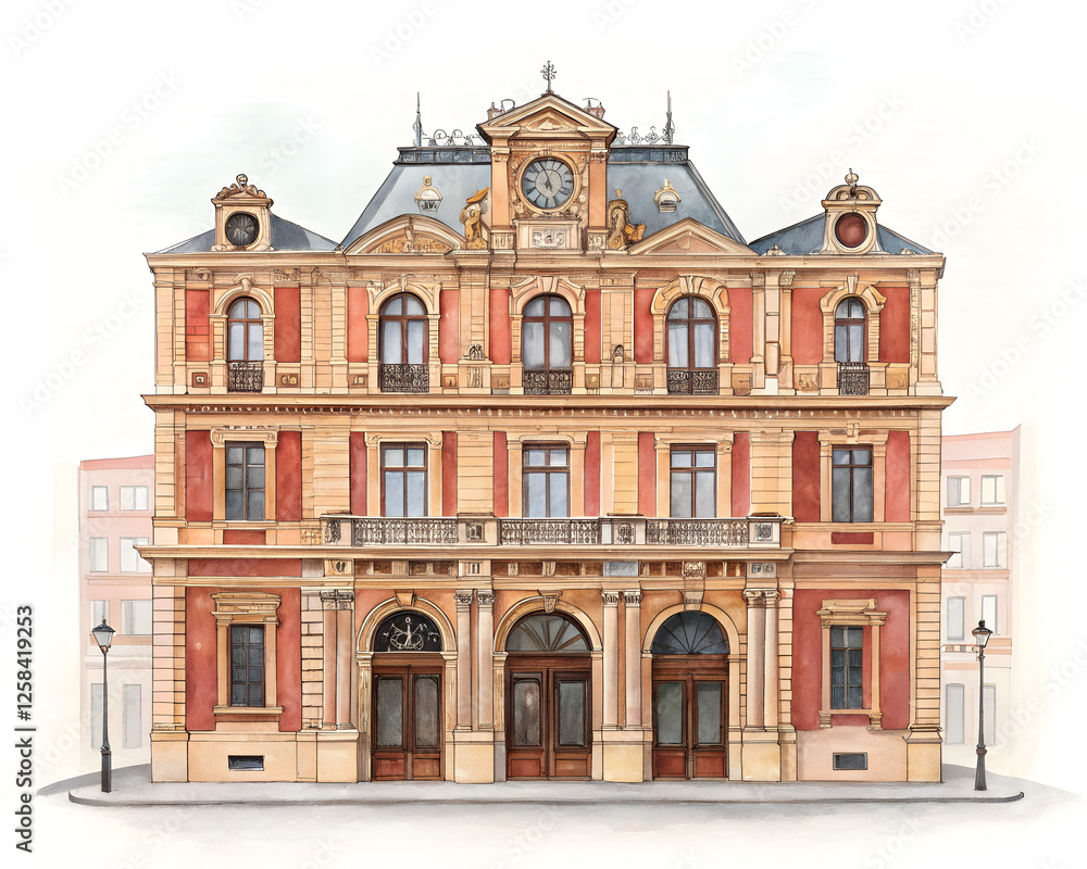 Fototapeta premium watercolor facade historical building on the white background, architectural sketch