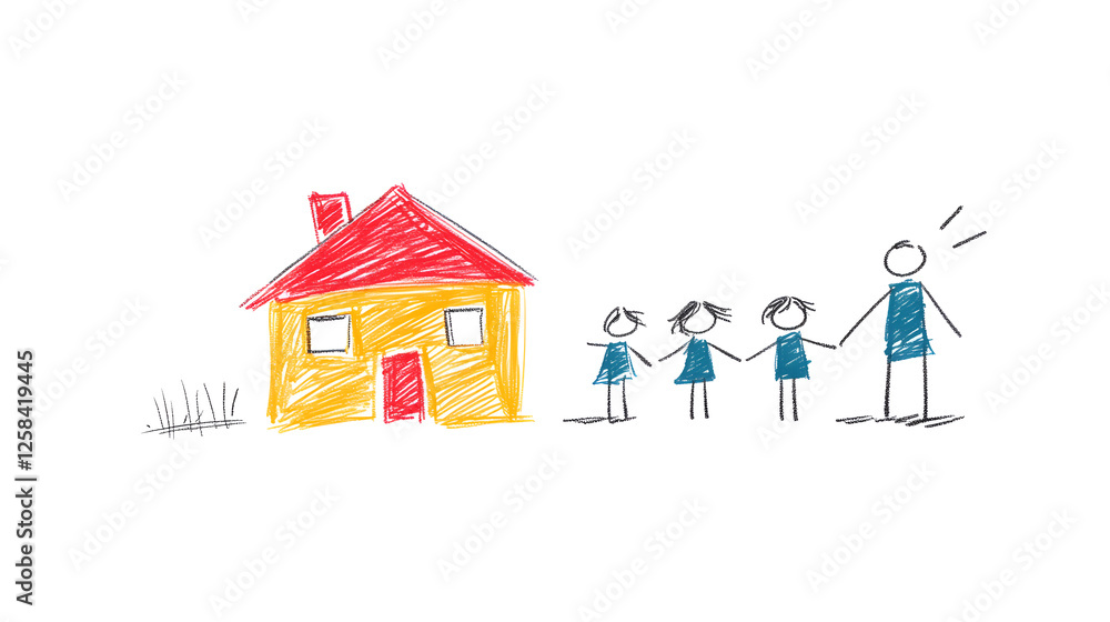 Children's doodle crayons drawing of a house and family nearby isolated on a white background Children's doodle crayons drawing of a house and family nearby isolated on a white background