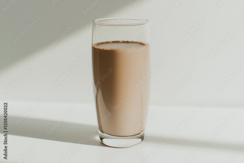 Creamy Chocolate Milk in a Transparent Glass on White Surface with Soft Shadows