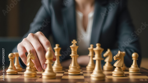 Wallpaper Mural Chess game strategy in focus, player moving a piece on the chessboard, thoughtful expression, professional attire, competitive atmosphere, wooden chess pieces Torontodigital.ca