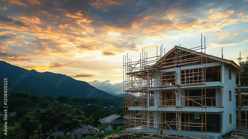 Sunset view of a house under construction in the mountains. Sunset view of a house under construction in the mountains.