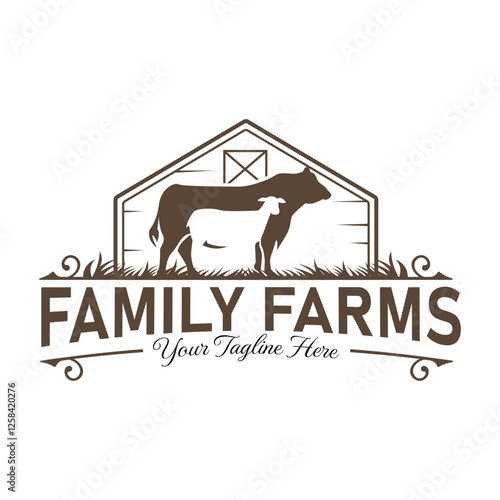 Vintage style logo with silhouette of cow and sheep in front of a barn, this logo is suitable for farm, agribusiness, dairy, organic meat, or other livestock based business.