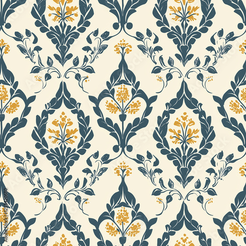 Floral damask pattern with blue and yellow accents on a cream background.