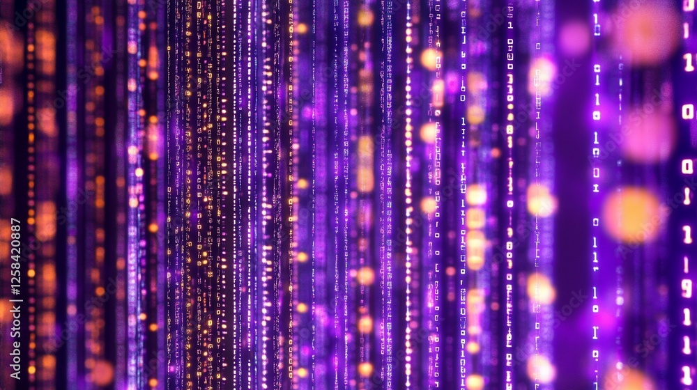 Abstract purple and gold digital rain of binary code. Abstract purple and gold digital rain of binary code.