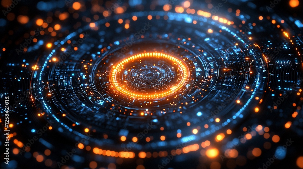 Abstract digital vortex with glowing orange and blue lights, creating a futuristic atmosphere Abstract digital vortex with glowing orange and blue lights, creating a futuristic atmosphere