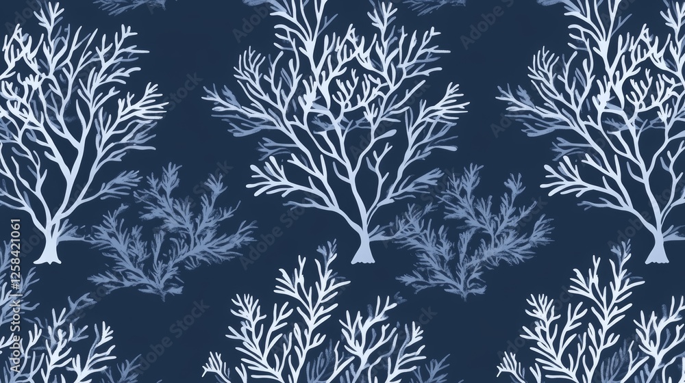 Abstract Seaweed Pattern On Dark Background In White And Blue With Branching And Leafy Shapes Abstract Seaweed Pattern On Dark Background In White And Blue With Branching And Leafy Shapes