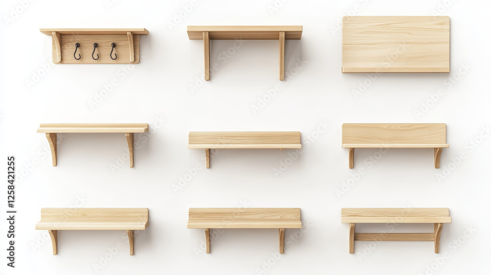 3D set of wooden shelves isolated on transparent background. Vector realistic illustration of blank decorative square frames, wall shelf, hanger with hooks, home furniture, interior design elements 3D set of wooden shelves isolated on transparent background. Vector realistic illustration of blank decorative square frames, wall shelf, hanger with hooks, home furniture, interior design elements