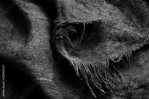 Textured black denim fabric, woven with rough threads, capturing the ruggedness and versatility of casual fashion. photo