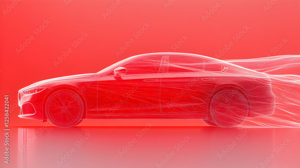 Naklejka premium Sleek Red Car Design, A Futuristic Vehicle Model Shows Speed and Innovation, moving elegantly on a coral background.