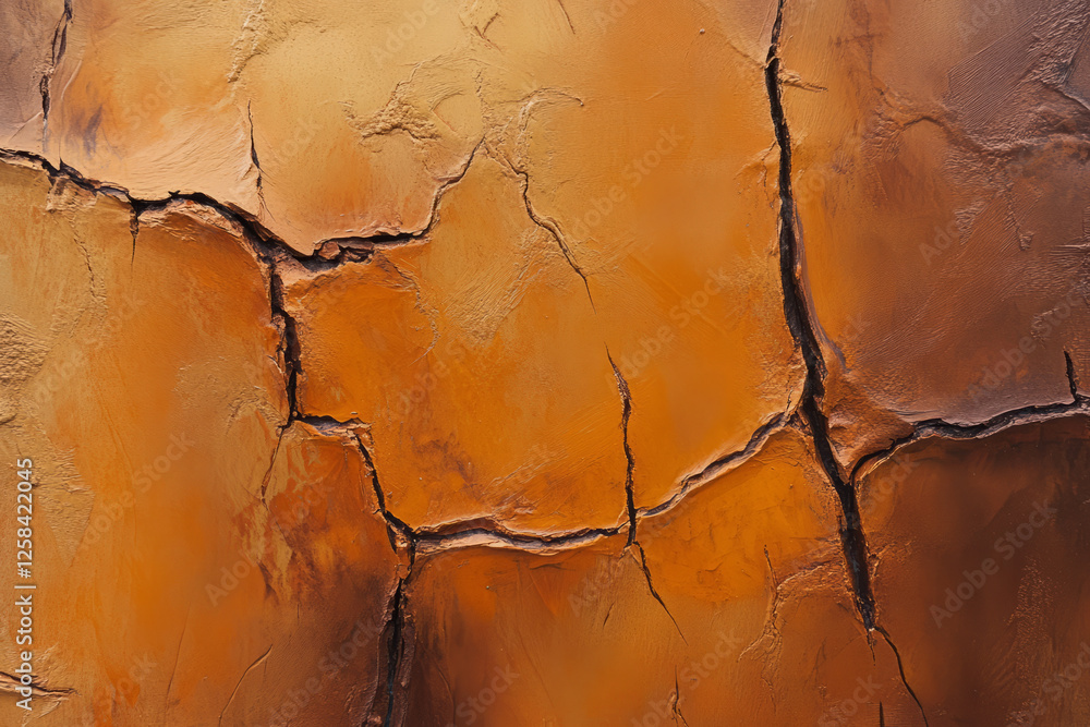 Fototapeta premium Textured burnt orange cracked desert clay, arid, sunbaked surface with deep fissures.