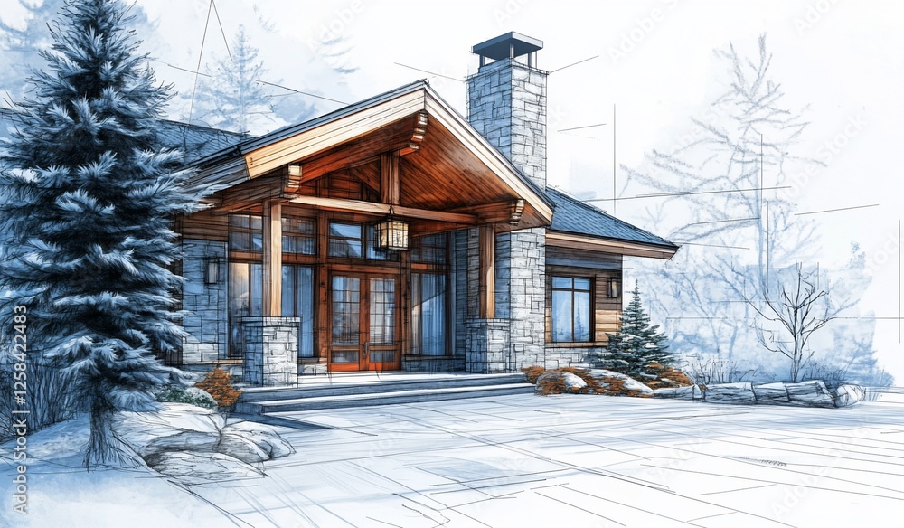 Architectural sketch of a cozy wooden house in a snowy winter landscape. Architectural sketch of a cozy wooden house in a snowy winter landscape.