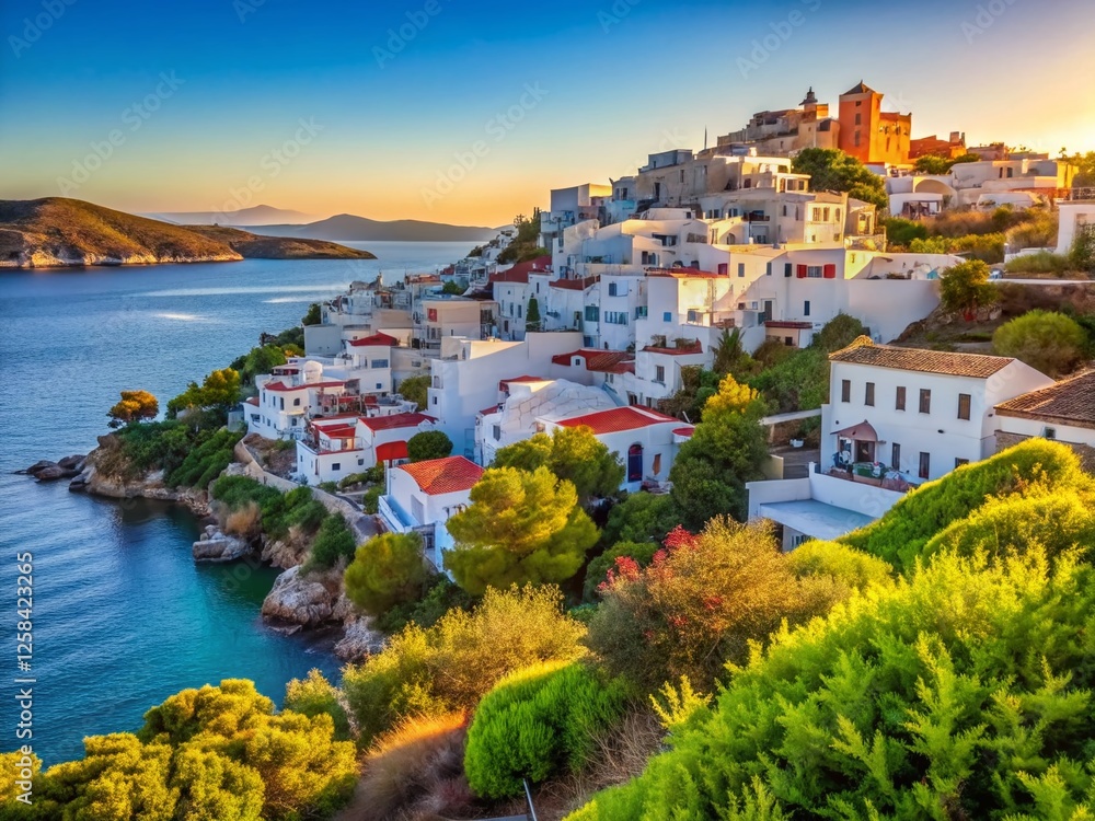 Naklejka premium Aegean Sea Coastal Cityscape: Island Views & Whitewashed Houses