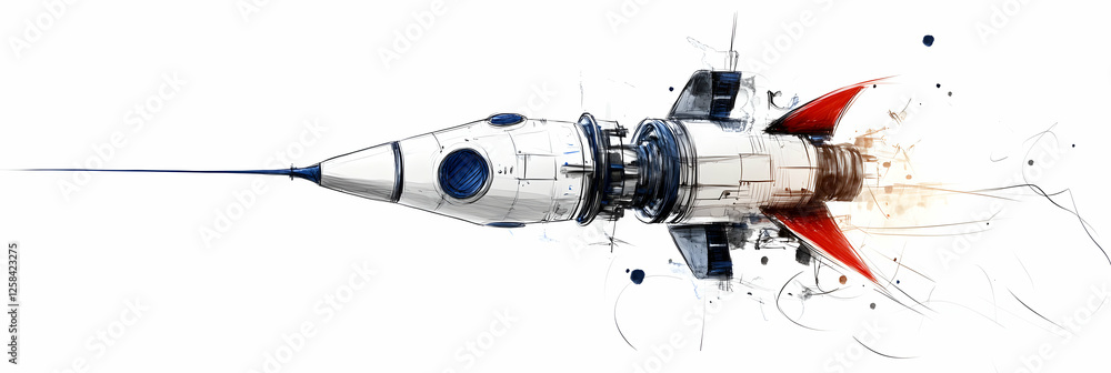 Sketch of Rocket Launching into Space, Boldly Soaring Towards Distant Stars with Fiery Thrust, Exuding Power and Speed. Sketch of Rocket Launching into Space, Boldly Soaring Towards Distant Stars with Fiery Thrust, Exuding Power and Speed.