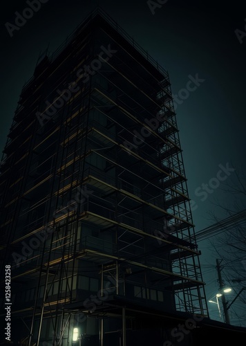 Obraz na płótnie Scaffolding collapsed from a strong wind near a reconstructed multi-storey building in the city center bamboo house background beautiful bamboo asian seaport baltic sea antebellum w salonie