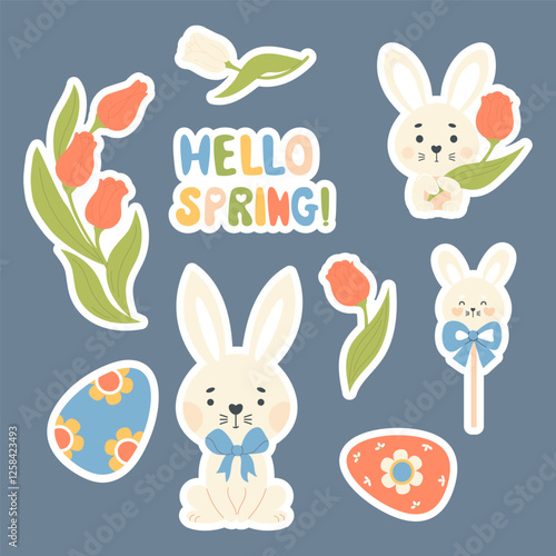 Cute Easter spring bunny stickers. Isolated funny rabbit animal with flower, paschal eggs and bouquet of tulips. Vector illustration