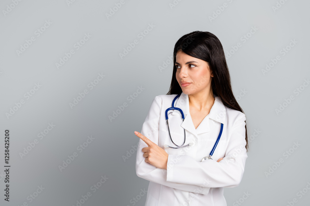 Confident young female doctor pointing sideways while standing against a neutral grey background in medical attire Confident young female doctor pointing sideways while standing against a neutral grey background in medical attire