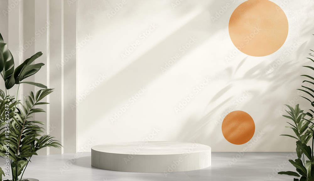 Fototapeta premium Abstract background with podium for product presentation, mockup design template with geometric shapes and pastel colors, white wall, gray floor, orange circles and plants.