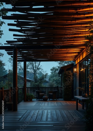 Obraz na płótnie Eco-friendly pergola made of bamboo over a garden with recycled composite decking bamboo house background beautiful bamboo asian seaport baltic sea antebellum w salonie