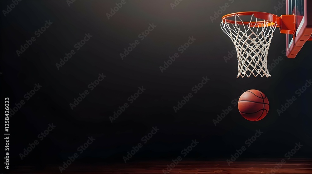 Basketball In Motion Towards The Hoop In A Dark Gym Basketball In Motion Towards The Hoop In A Dark Gym