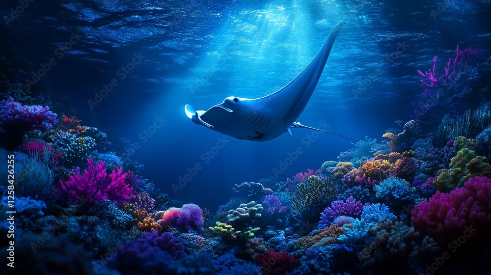 Fototapeta premium Majestic manta ray gracefully glides over vibrant coral reef in sunlit ocean depths.