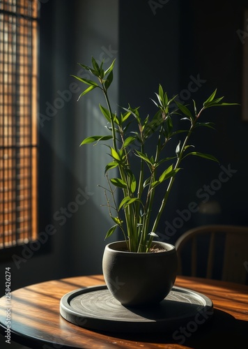 Obraz na płótnie Pot with green bamboo on table in room space for text bamboo house background beautiful bamboo asian seaport baltic sea antebellum w salonie