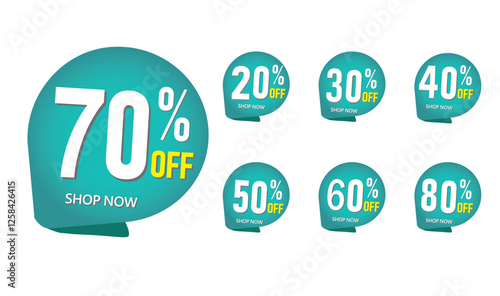 Discount percent sales sticker price tag upto 20,30,40,50,60,70,80 percent off . price sales sticker isolated on white background.